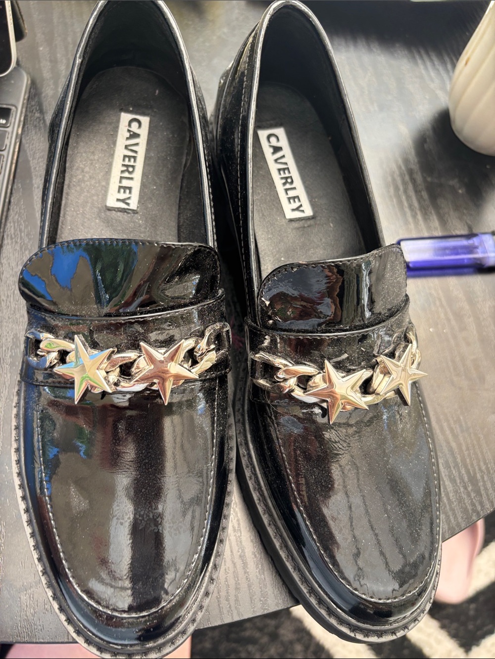 Caverley Black Patent Star-Chain Loafers for Women